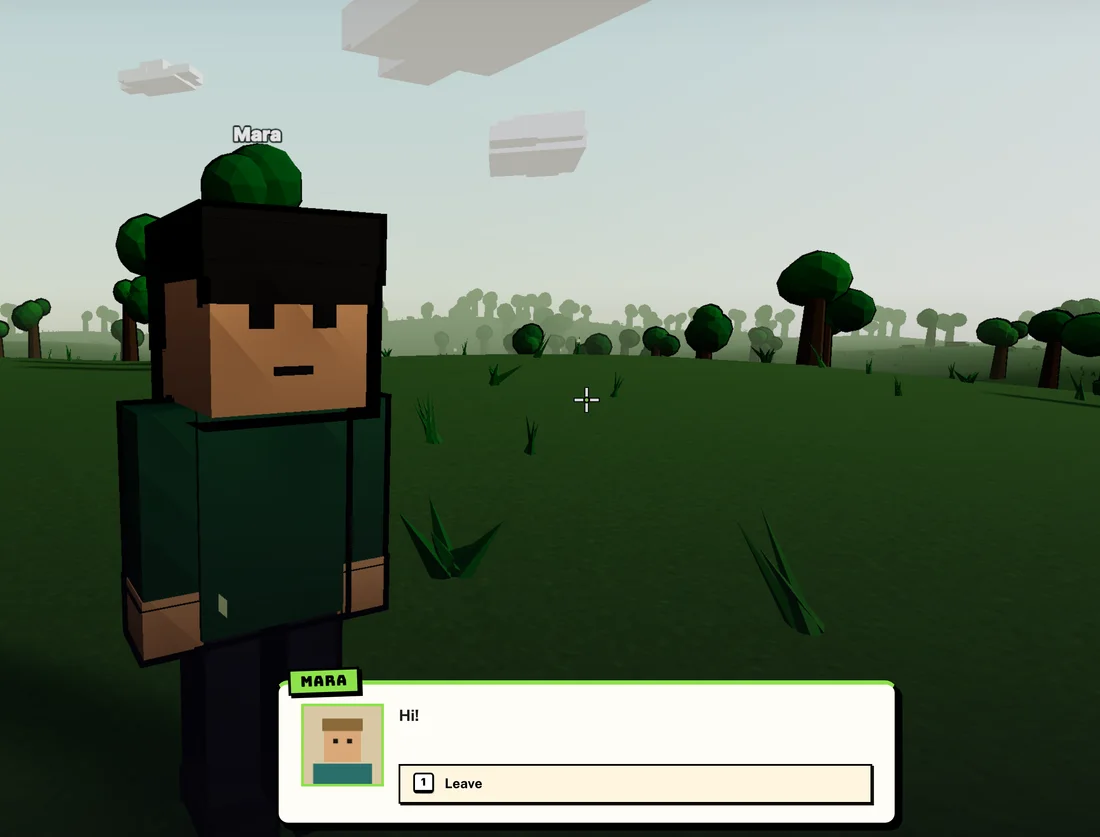 Screenshot aus dem Spiel zum fünfzeiligen Skript: Mara steht in der Waldwelt und sagt Hi! im Dialogfenster