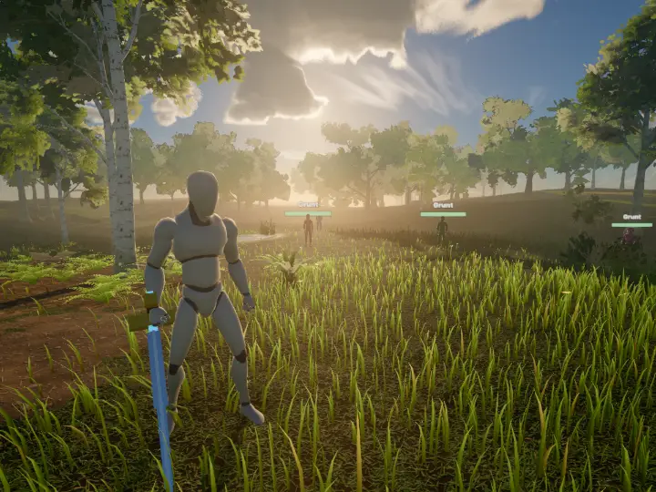 Capture d'écran du jeu construit par le script de cinq lignes : Mara se tient dans le monde forêt et dit Hi! dans le panneau de dialogue