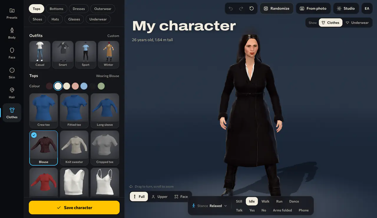 The character creator: clothes on the left, the 3D character on the right