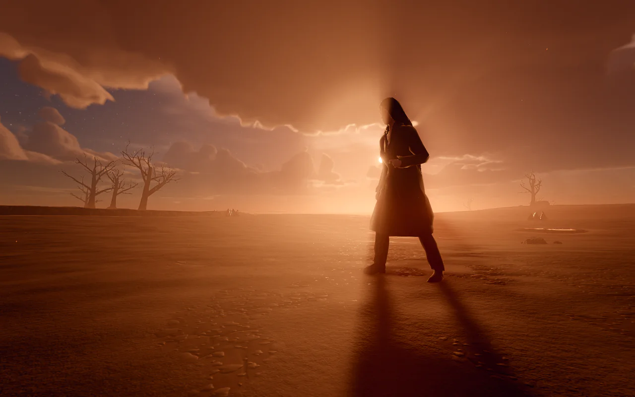 Your character at sunset on the volcano, in a game made with VXLVERSE