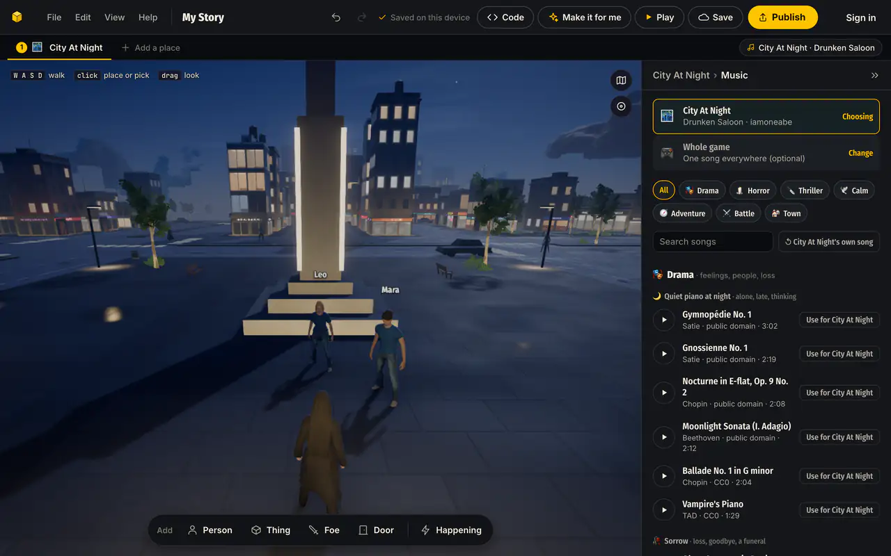 The 3D editor in the city at night: File, Edit, View, Save and Publish on top, people in the square, and the music list for the place